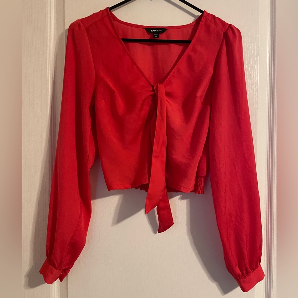 Express Red‎ V-Neck Chiffon Blouse with Tie XS Holiday Party Cocktail Career